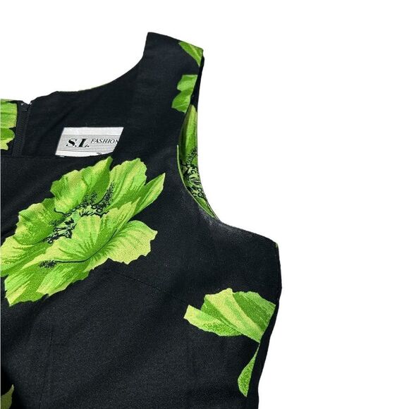 Vintage S.L. Fashions Floral Short Black Sleeveless Mini Dress Green Flowers - Picture 10 of 10